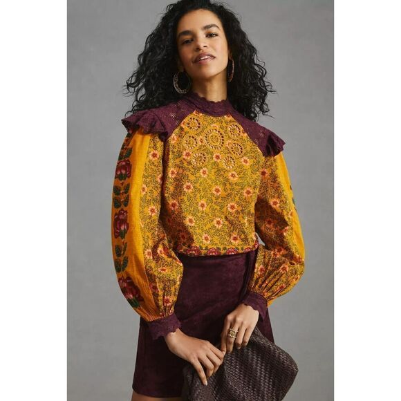 Anthropologie Farm Rio Ruffled Blouse Floral Printed Top Embroidered Lace M NWT - Picture 1 of 7
